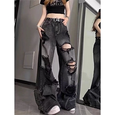 现货美式高街乞丐破洞牛仔裤男女夏季hiphop黑灰色裤子直筒，男装牛仔裤，星座218-1（原230）