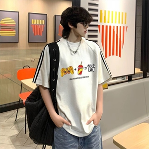 抖音得物高品质二开240克宽松纯棉美式潮牌三条杠织带短袖T恤图片