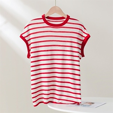 初夏正肩设计感女士打底衫宽松上衣黑白条纹圆领短袖t恤，女装T恤，忠诺羊绒