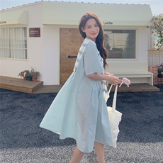 蓝色条纹披肩连衣裙女夏季2025新款小个子宽松韩系爆款衬衫裙流行，女装连衣裙，蝶眷
