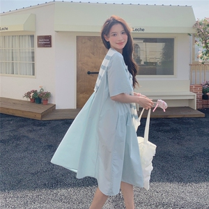 蓝色条纹披肩连衣裙女夏季2025新款小个子宽松韩系爆款衬衫裙流行图片