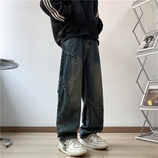 牛仔裤男士秋季新款高级感痞帅拼接水洗做旧宽松直筒阔腿休闲长裤，男装牛仔裤，星座302B