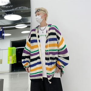 秋款男连帽开衫毛衣针织衫条纹拼接休闲外套M56 P50图片