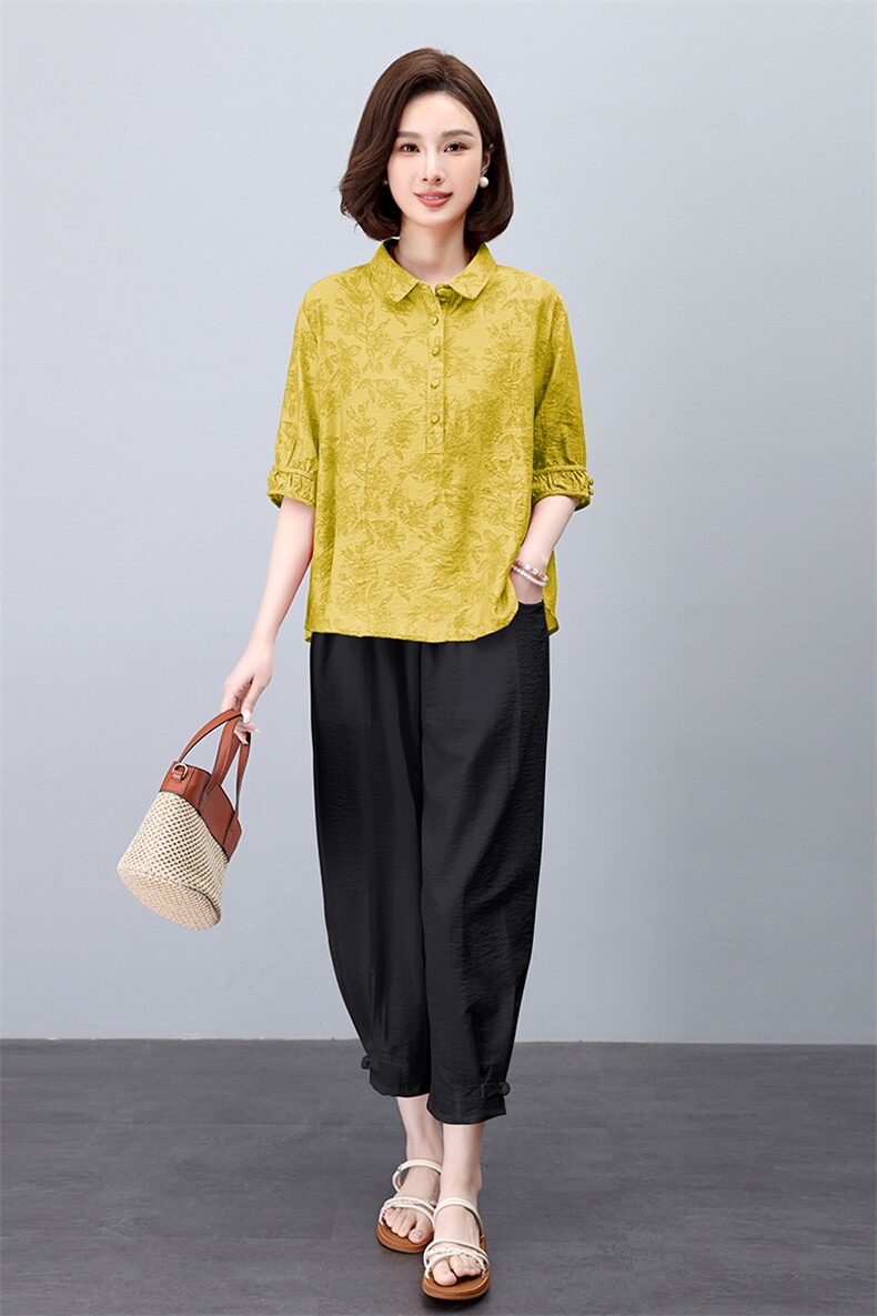 冰丝短袖衬衫女士套装2024夏季新款妈妈时尚休闲宽松七分裤两件套,女装套装/套裙,3200格调