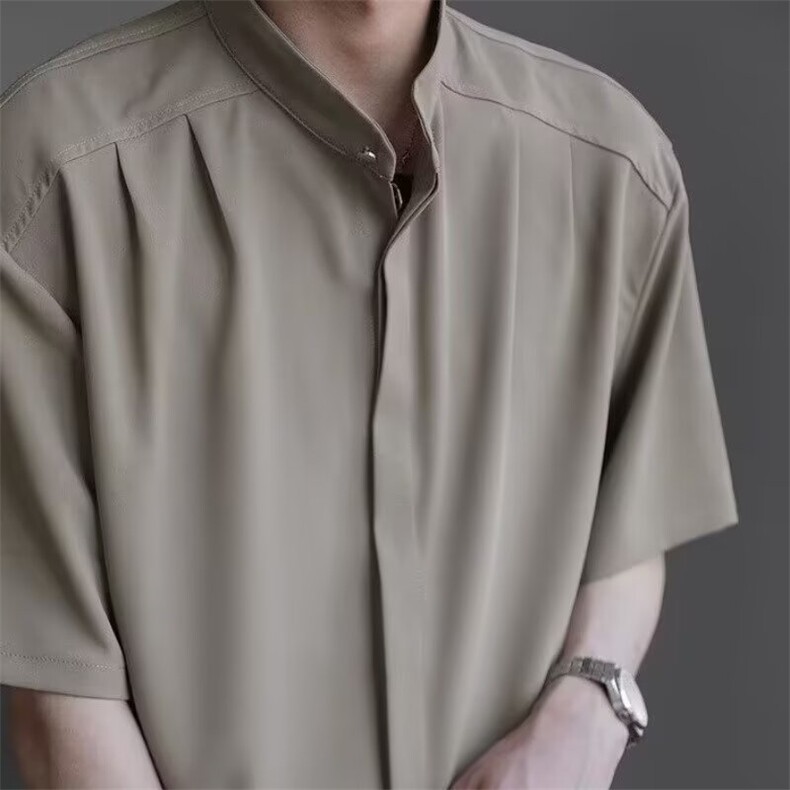 新中式立领男士衬衫短袖夏季冰丝痞帅高级感男装五分中袖无领衬衣,男装T恤,星座506A