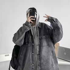 现货假两件拼接外套男秋冬宽松连帽牛仔夹克潮牌1008-J144-p75，男装夹克，星座1008