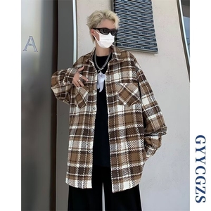 格子翻领外套男ins衬衫夹克上衣男生春秋款2025年休闲风登山少年图片