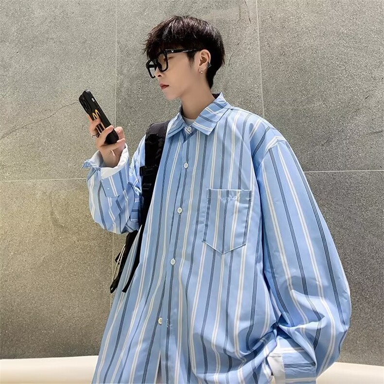 条纹衬衫外套男薄款复古印花长袖中性宽松慵懒风衬衣潮CS92,男装衬衫,星座1116A-1（原606A）