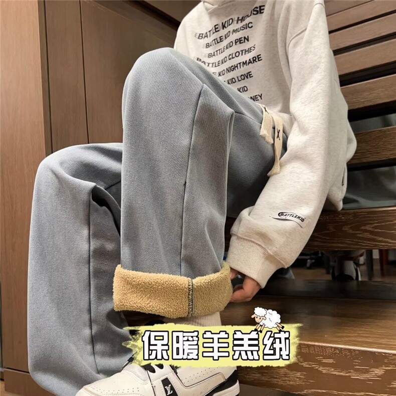 复古羊羔绒牛仔裤男直筒宽松冬款加厚阔腿裤高街裤子男88064-P63,男装牛仔裤,星座1008