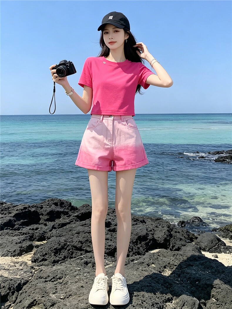 欧韩时尚潮流套装女夏新款玫红色圆领短袖上衣粉色牛仔短裤两件套,女装套装/套裙,江南