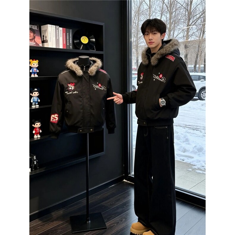 网图工装派克棉服可拆卸毛领连帽座山雕夹克棉衣A025-KY1819-P80,男装夹克,电商A025