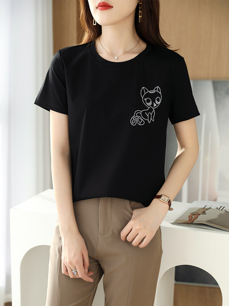 烫画小熊工艺高端丝光棉短袖圆领冰感上衣女显瘦休闲百搭基础款潮,女装T恤,元素羊绒