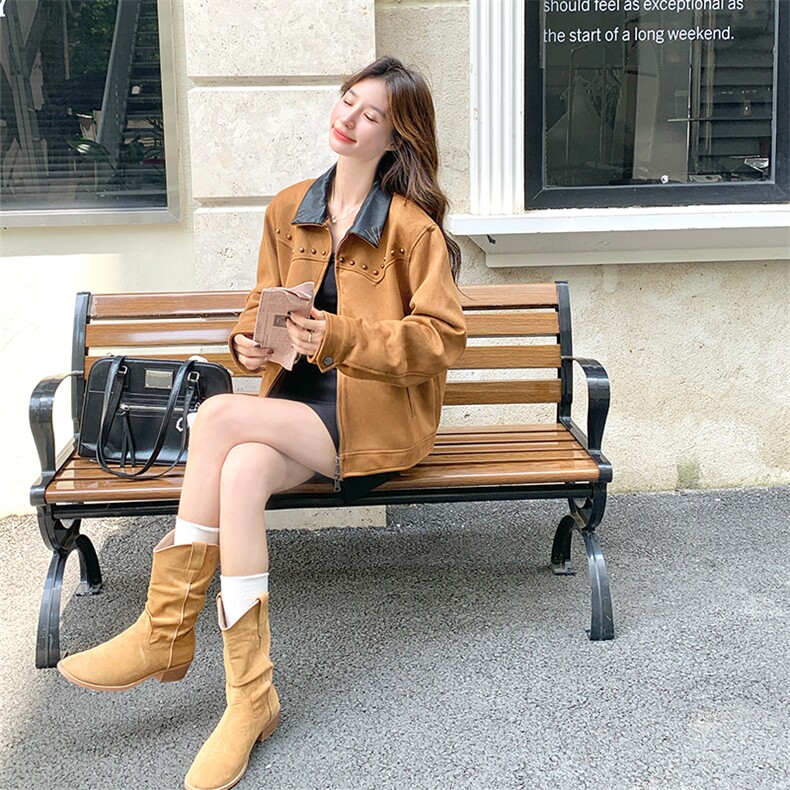 新品巴恩风撞色翻领复古麂皮夹克外套2C285-2857-P150-K218,女装短外套,2C285