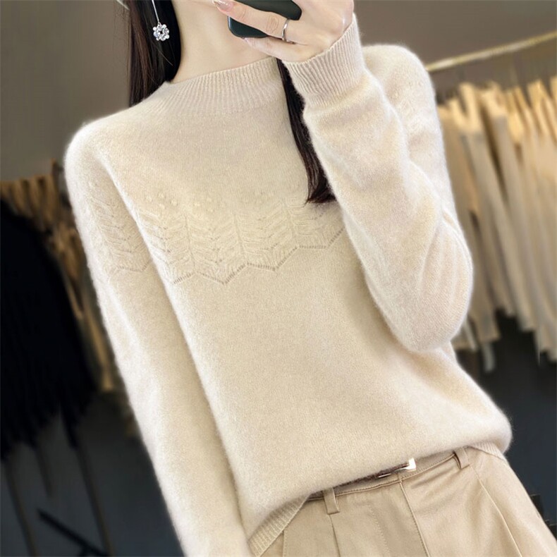 一线成衣针织100%羊毛衫女半高领花朵镂空宽松套头毛衣打底羊绒衫图片