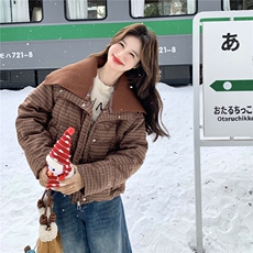 格子拼接毛线大翻领百搭短款羽绒服女2025冬季新款复古白鸭绒外套，女装羽绒服，2C159