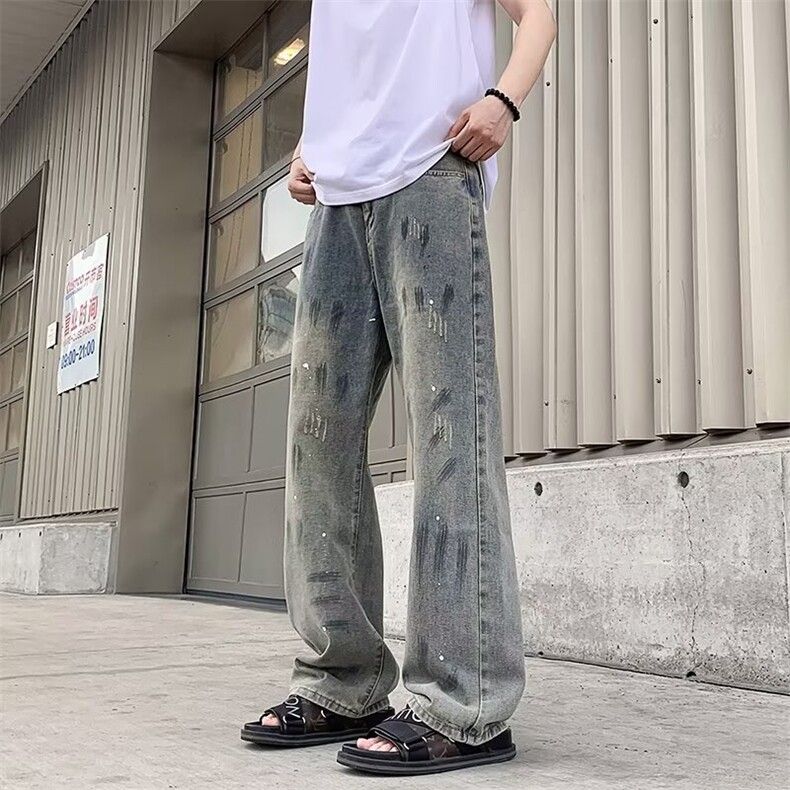 泼墨涂鸦牛仔裤男秋小众潮牌宽松直筒阔腿裤子8390 P42图片