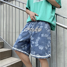 潮牌大码男装潮流嘻哈五分裤宽松夏季休闲牛仔短裤N06651-P43，男装牛仔裤，星座308B-1