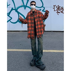 美式复古格子长袖衬衫男潮牌宽松设计百搭高街衬衣外套，男装衬衫，星座716-3