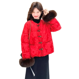 2026冬季新款缎面印花新中式90绒羽绒服2585P335K438图片