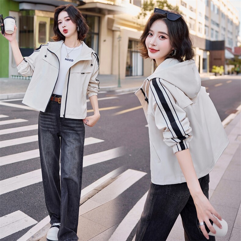 时尚拼色工装风衣外套女2024春秋新款气质减龄休闲短款小个子上衣,女装短外套,悦祺