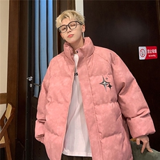港风PU皮复古做旧可拆卸四芒星胸针设计棉衣男MY77721P128控168，男装棉衣，星座227-7