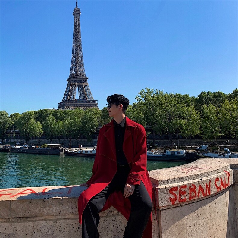 秋季时髦气质长款明线立体裁剪宽松复古大衣外套A，男装风衣，电商A345