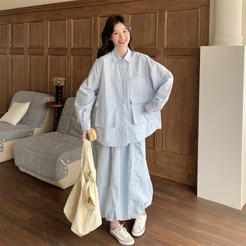 蓝色系初秋出游松弛感穿搭女2025新款工装元气减龄衬衫半身裙套装,女装套装/套裙,2C108