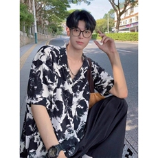 韩扎染水墨画翻领短袖衬衫男夏季冰丝宽松垂感短袖衬衣C3384，男装T恤，星座1116A（原606A-3）
