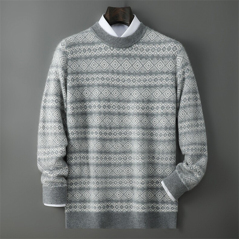 2025年秋季套头圆领时尚百搭休闲菱形花，男装羊毛衫，千国羊绒