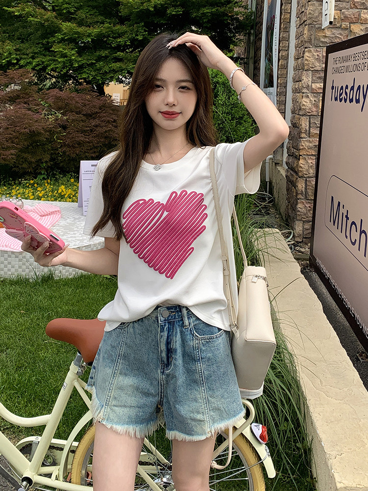 专柜撤回正品女装剪标清仓一线品牌绿色爱心印花短袖正肩t恤潮ins,女装T恤,鑫慧
