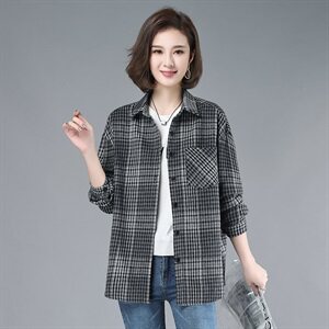 2021年春季直筒常规POLO领排多扣通勤格子衬衫女自主图图片