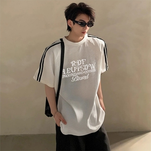 抖音得物高品质二开240克宽松纯棉美式潮牌三条杠织带短袖T恤图片