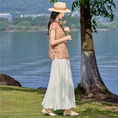 2026夏装新款新中式盘扣提花人丝上衣女加米白色显瘦气质两件套裙，女装套装/套裙，贝蕾酷儿
