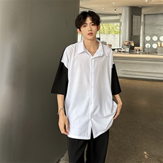 夏季禁欲风短剧拼接男士撞色短衬衫A071-C12-P35，男装衬衫，电商A071