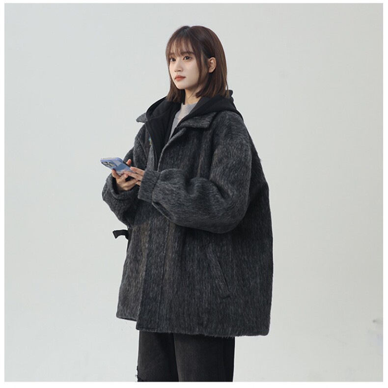 冬季加棉加厚阿尔巴卡呢子带帽宽松中性港风男女外套M897-P138,女装短外套,电商A170
