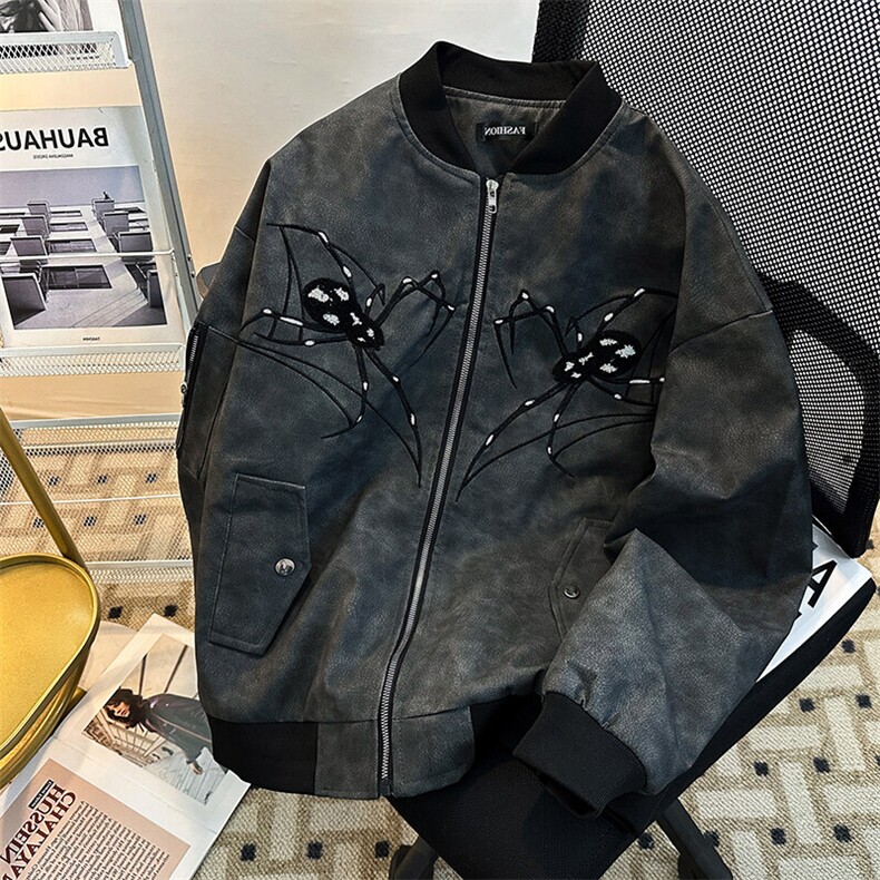 美式新款蜘蛛刺绣PU皮夹克男女春秋小众百搭休闲外套JK08555-P75,男装夹克,星座308B-1