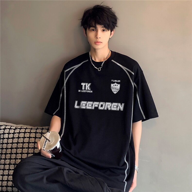 高级复古日系运动宽松明线短袖重磅街头潮牌休闲男款T恤T86-P38,男装T恤,电商C307