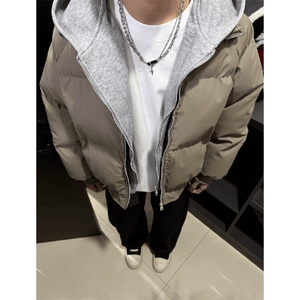 现货高品质重磅工艺美式高街假两件PU皮棉衣男女加厚棉服外套,黄外套可以搭配黑色打底衫吗图片