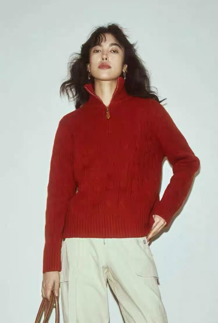 2025年女士秋季麻花立领拉链,针织衫/毛衣,百纯羊绒