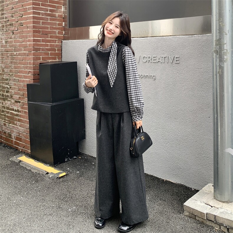 法式优雅气质套装女2025秋新款撞色拼接格纹飘带上衣阔腿裤两件套,女装套装/套裙,2C159