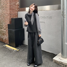 法式优雅气质套装女2025秋新款撞色拼接格纹飘带上衣阔腿裤两件套，女装套装/套裙，2C159