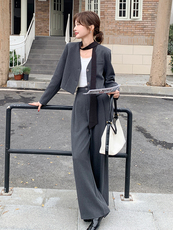 韩系高级感穿搭一整套装女2025新款春季飘带西装外套阔腿裤两件套，女装套装/套裙，辉之琳