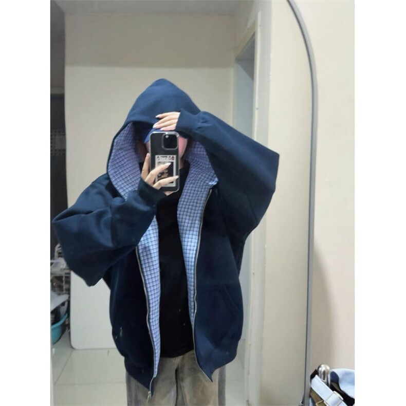 压线刺绣纯棉华棉复格子布千鸟格春秋宽松开衫连帽卫衣男WXA1135,男装卫衣,星座1116A（原606A-3）