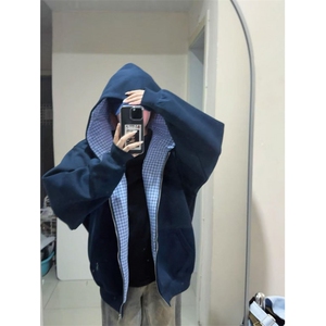 压线刺绣纯棉华棉复格子布千鸟格春秋宽松开衫连帽卫衣男 WXA1135图片