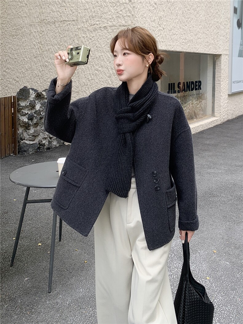 深灰色牛角扣双面羊绒大衣女2025秋冬新款高级感气质显瘦毛呢外套,女装毛呢外套,慧尚依恋