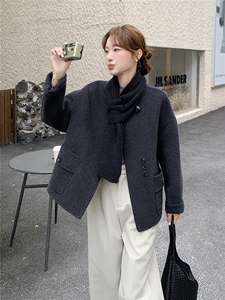 深灰色牛角扣双面羊绒大衣女2025秋冬新款高级感气质显瘦毛呢外套图片