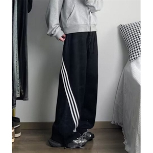 刺绣拼接杠条阔腿裤男女同款秋慵懒系带高腰休闲工装长裤 KM979图片