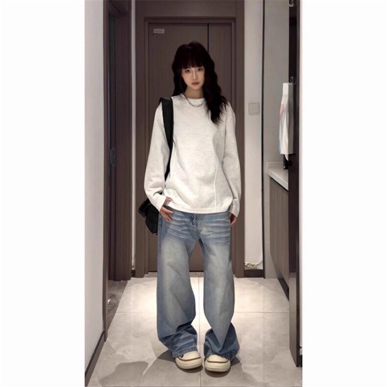 抖音得物品质美式高街重磅曼巴棉结构硬阔boxy版潮牌卫衣长袖T恤,男装T恤,电商A486