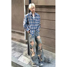 蓝色格子衬衫裤男女宽松百搭流苏设计感衬衣外套CS321，男装衬衫，星座1116A（原606A-3）