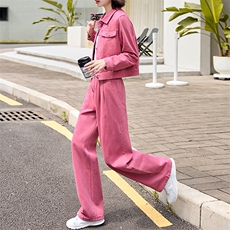 粉色欧货时尚牛仔套装女夏季高级感宽松潮流短外套直筒裤两件套潮，女装套装/套裙，江南女神